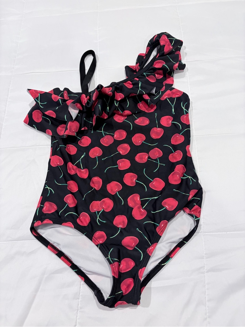 Kanu Surf Girls One-Shoulder Cherry Print Swimsuit - Black & Red